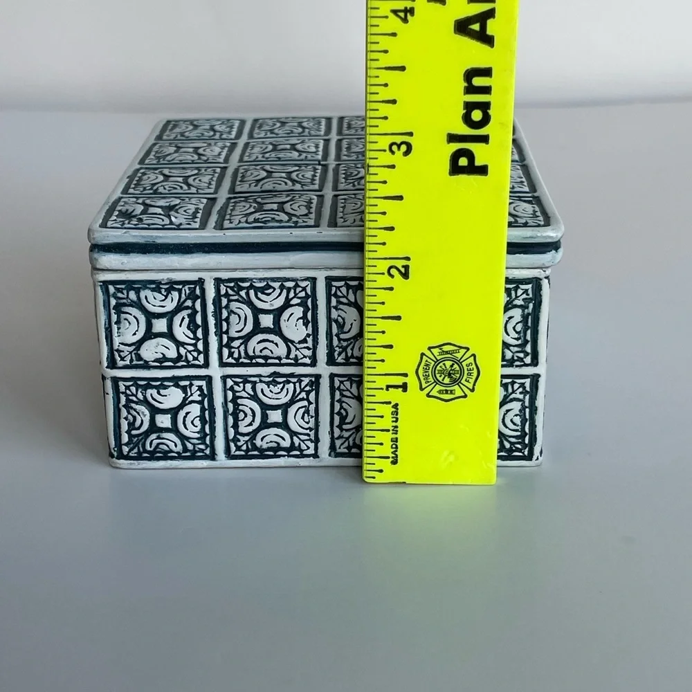 Danzine Jewelry Trinket Box Cobalt White Embossed Moroccan Design Hand Painted